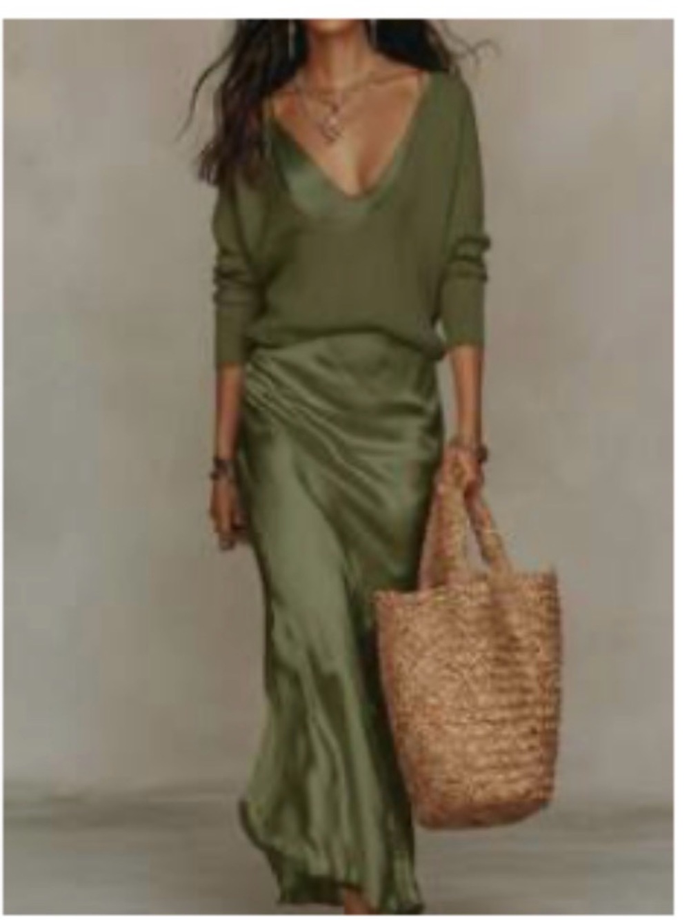 Satin Olive Maxi Slip Skirt for Women